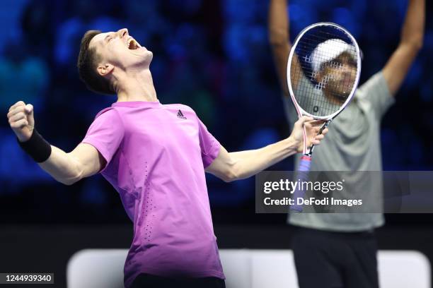 Joe Salisbury of Great Britain celebrate after winning at the match between Rajeev Ram of USA and Joe Salisbury of Great Britain against Nikola...