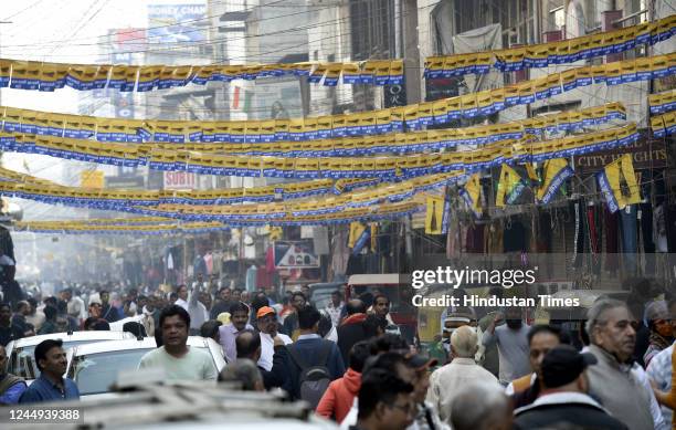 Crowds await for Aam Aadmi Party's rally at Paharganj Market, on November 20, 2022 in New Delhi, India. Kejriwal launched the partys first phase...