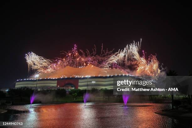 General exterior view of the of the Al Bayt Stadium, Al Khor, Qatar as fireworks are let off during the tournament opening ceremony prior to the FIFA...