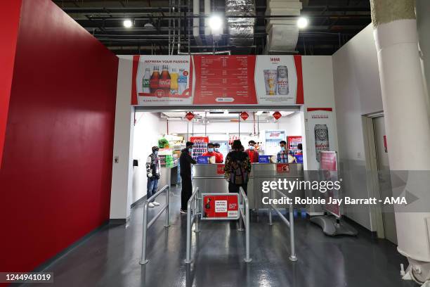 Food and drinks concession stall on the concourse at Al Bay Stadium, selling zero percent Budweiser Beer during the FIFA World Cup Qatar 2022 Group A...