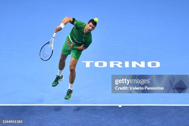 Novak Djokovic of Serbia plays a forehand shot during the final match between Casper Ruud of Norway during day eight of the Nitto ATP Finals at Pala...