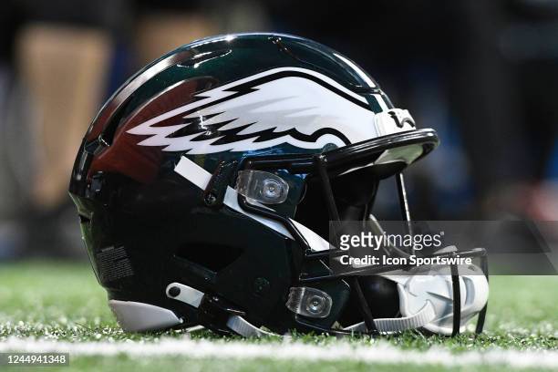 Philadelphia Eagles helmet sits on the sideline during the NFL football game between the Philadelphia Eagles and the Indianapolis Colts on November...