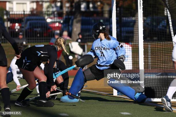 Middlebury College Panthers score step game winning goal in overtime past Johns Hopkins Blue Jays goalkeeper Alexis Loder during the Division III...