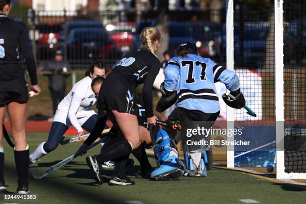 Middlebury College Panthers score step game winning goal in overtime past Johns Hopkins Blue Jays goalkeeper Alexis Loder during the Division III...