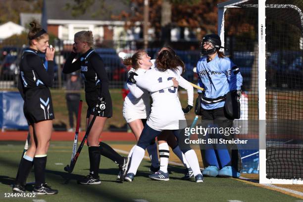 Middlebury College Panthers celebrates after scoring the game winning goal against the Johns Hopkins Blue Jays in overtime during the Division III...
