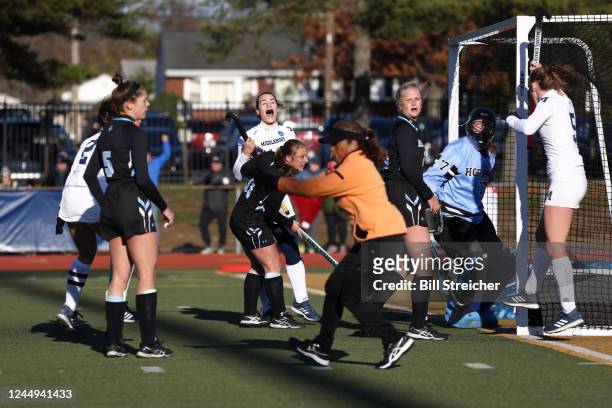Middlebury College Panthers celebrates after scoring the game winning goal against the Johns Hopkins Blue Jays in overtime during the Division III...