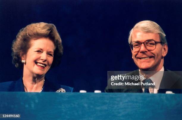 Margaret Thatcher and John Major appear at the Conservative Party Conferece, UK, 1994.