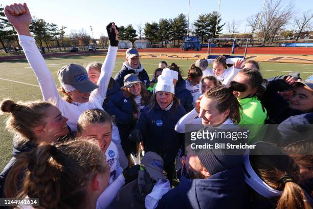 Middlebury College Panthers head coach Katharine DeLorenzo talks with her team after defeating Johns Hopkins Blue Jays in the Division III Womens...