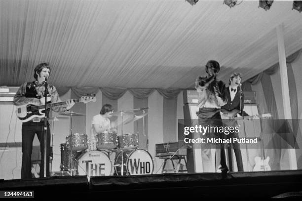 The Who perform on stage at the Windsor National Jazz and Blues Festival, UK, 30th July 1966, L-R John Entwistle, Keith Moon, Roger Daltrey, Pete...