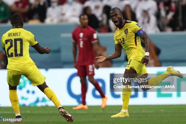 Enner Valencia of Ecuador celebrates after scoring a goal to make it 0-2 during the FIFA World Cup Qatar 2022 Group A match between Qatar and Ecuador...