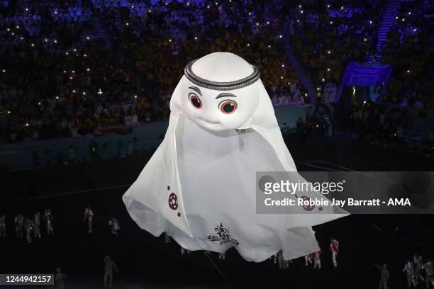 Giant inflatable mascot Laeeb during the opening ceremony of the FIFA World Cup Qatar 2022 Group A match between Qatar and Ecuador at Al Bayt Stadium...