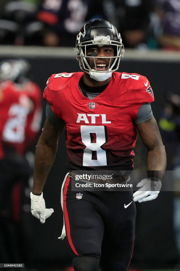 Atlanta Falcons tight end Kyle Pitts reacts after the Falcons score ...