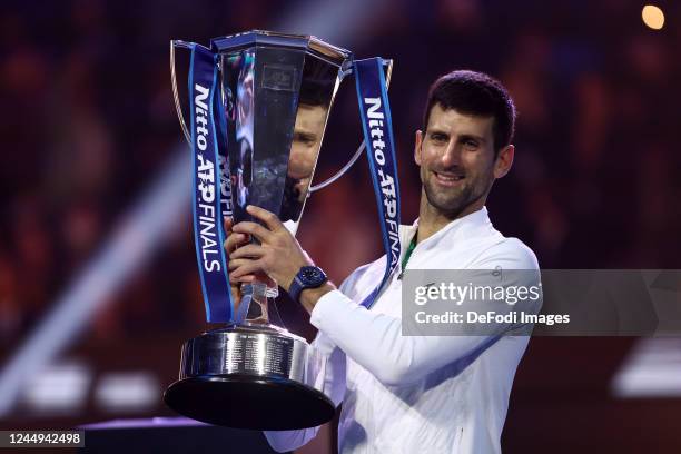 Novak Djokovic of Serbia celebrates after winning the match between Novak Djokovic of Serbia and Casper Ruud of Norway during day eight of the Nitto...