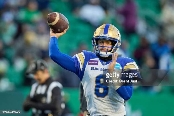 Zach Collaros of the Winnipeg Blue Bombers throws a ball in warmup before the 109th Grey Cup game between the Toronto Argonauts and Winnipeg Blue...