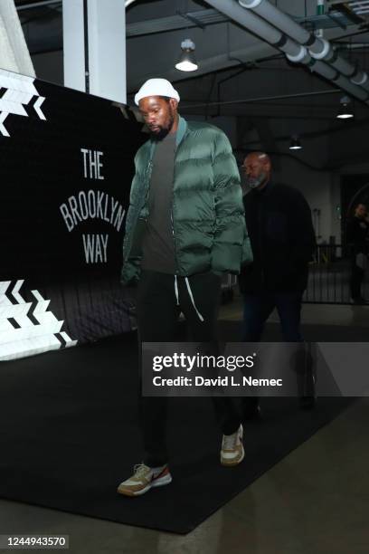 Kevin Durant of the Brooklyn Nets arrives to the arena before the game against the Memphis Grizzlies on November 20, 2022 at Barclays Center in...