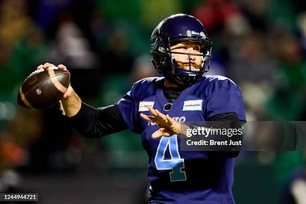 McLeod Bethel-Thompson of the Toronto Argonauts looks to throw in the first half of the 109th Grey Cup game between the Toronto Argonauts and...