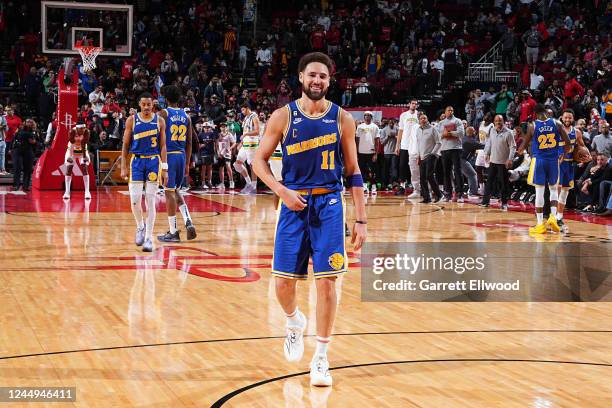 Klay Thompson of the Golden State Warriors smiles after the game against the Houston Rockets on November 20, 2022 at the Toyota Center in Houston,...