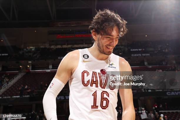 Cedi Osman of the Cleveland Cavaliers smiles after the win against the Miami Heat on November 20, 2022 at Rocket Mortgage Fieldhouse in Cleveland,...