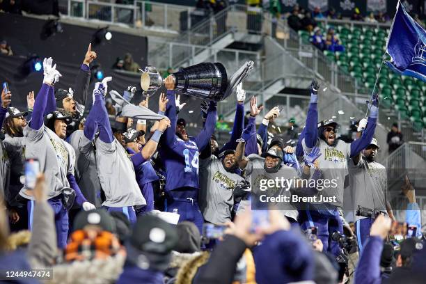 The Toronto Argonauts celebrate after winning the 109th Grey Cup game between the Toronto Argonauts and Winnipeg Blue Bombers at Mosaic Stadium on...