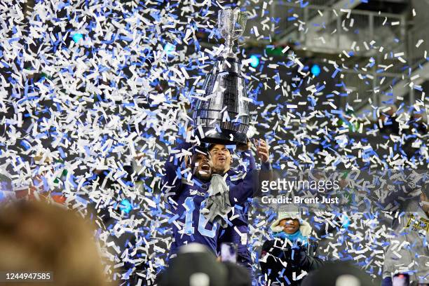 Andrew Harris and Brandon Banks of the Toronto Argonauts lift the Grey Cup after winning the 109th Grey Cup game between the Toronto Argonauts and...
