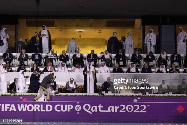 His Highness Sheikh Tamim bin Hamad Al Thani speaks during the opening ceremony prior to the FIFA World Cup Qatar 2022 group A match between Qatar...