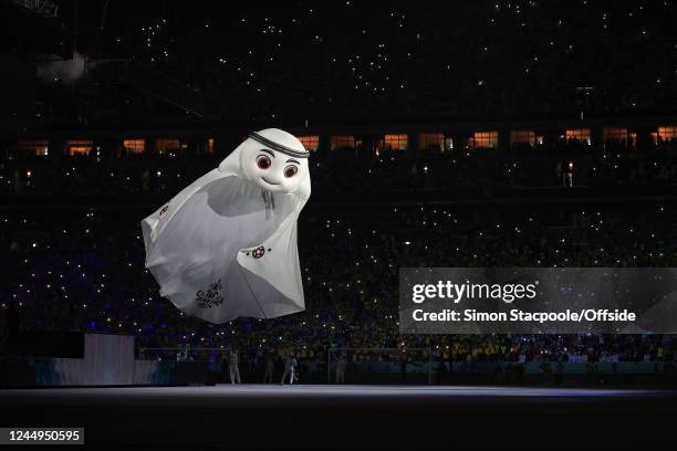 Tournament mascot La'eeb hovers over the Opening Ceremony ahead of the FIFA World Cup Qatar 2022 Group A match between Qatar and Ecuador at Al Bayt...