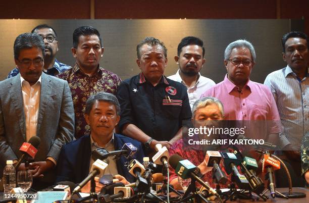 United Malays National Organization President Ahmad Zahid Hamidi talks during a press conference in Kuala Lumpur, on November 21, 2022. - In a bid to...