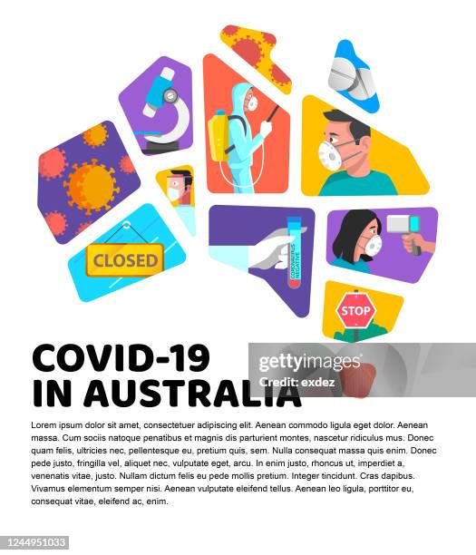 australia map with corona epidemic cover and page design - australian road signs stock illustrations