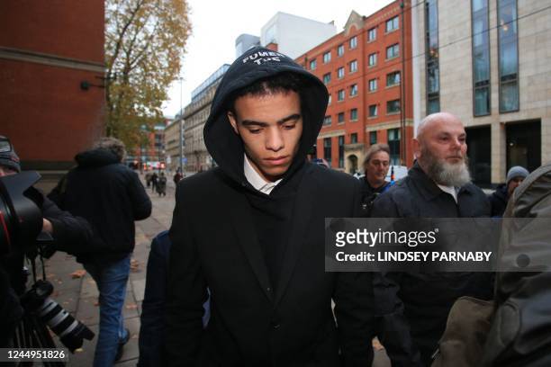 England and Manchester United footballer Mason Greenwood arrives to Minshull Street Crown Court in Manchester on November 21, 2022 for a preliminary...