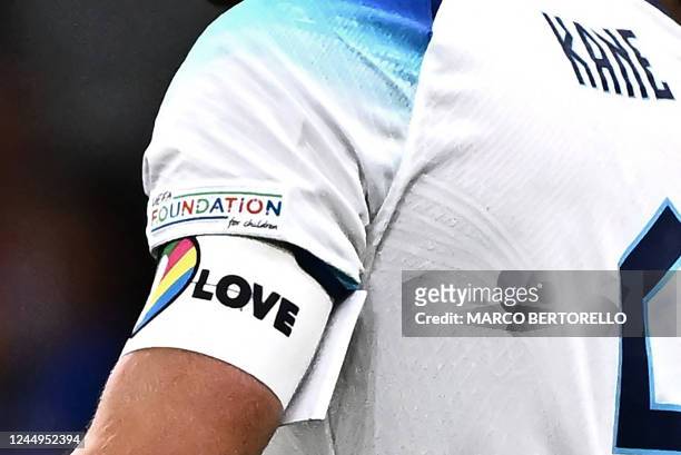 England's forward Harry Kane wears rainbow armband after losing the UEFA Nations League's League A Group 3 match between Italy and England, at the...