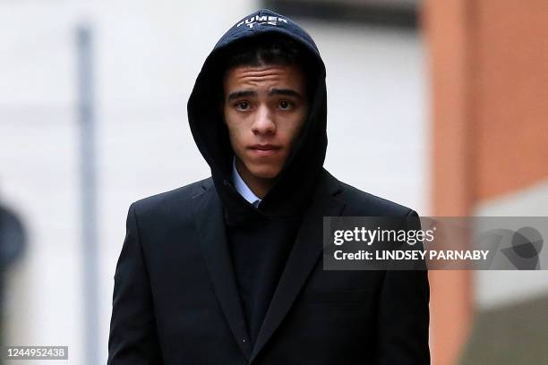 England and Manchester United footballer Mason Greenwood leaves Minshull Street Crown Court in Manchester on November 21, 2022 after a preliminary...