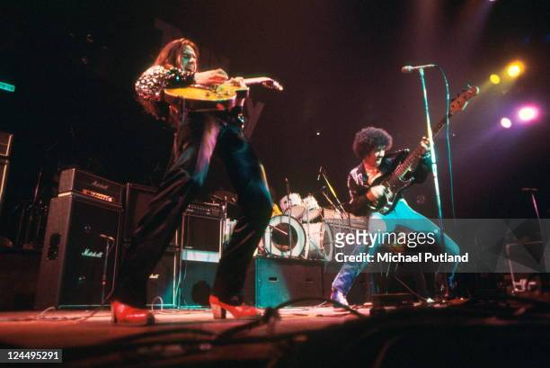 Thin Lizzy perform on stage, US Tour, February 1977, Gary Moore, Phil Lynott.