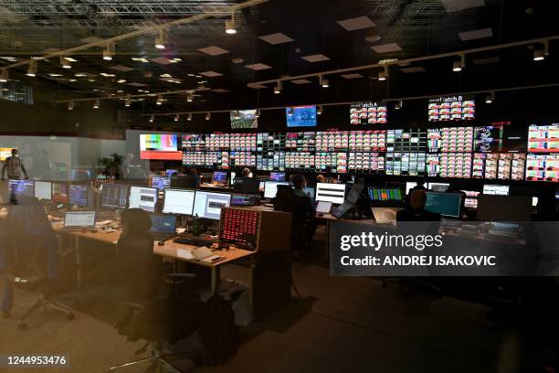 General view shows the master control room at the International Broadcast Centre of the Qatar 2022 World Cup football tournament, in Doha on November...