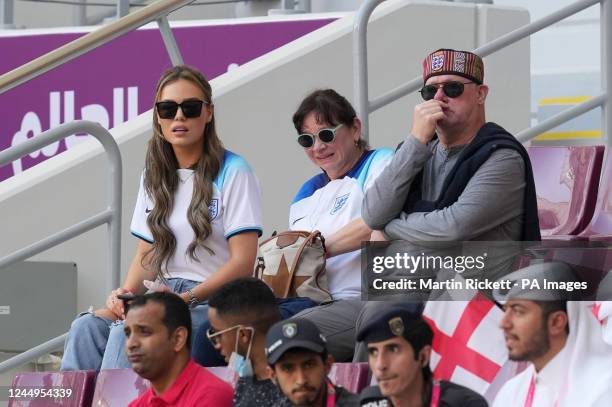 Georgina Irwin, fiance of England goalkeeper Aaron Ramsdale, with Aaron's mother a father, Caroline and Nick Ramsdale in the stands before the FIFA...