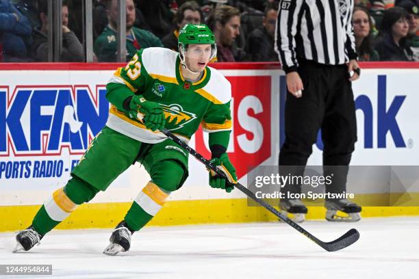 Minnesota Wild Center Marco Rossi follows the play during a game between the Minnesota Wild and Pittsburgh Penguins on November 17 at Xcel Energy...