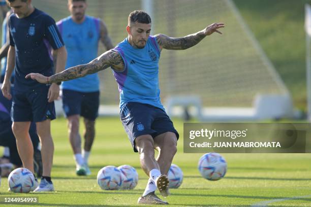 Argentina's midfielder Leandro Paredes takes part in a training session at the Qatar University Training Site in Doha, on November 21 on the eve of...