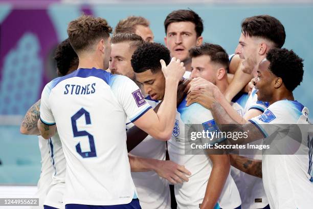 Jude Bellingham of England celebrates 1-0 with Raheem Sterling of England, Declan Rice of England, Harry Maguire of England, Mason Mount of England,...