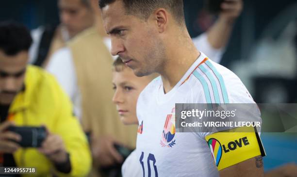 Belgium's Eden Hazard wears the OneLove captain's armband for LGBTQ+ rights at a friendly soccer game of the Egyptian national soccer team against...