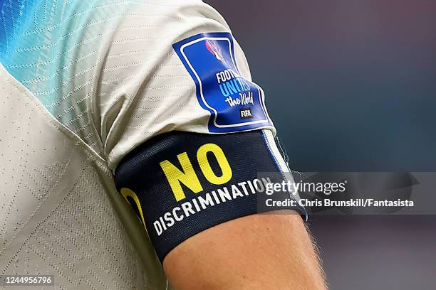 Detail View of the Captains armband of Harry Kane of England during the FIFA World Cup Qatar 2022 Group B match between England and IR Iran at...