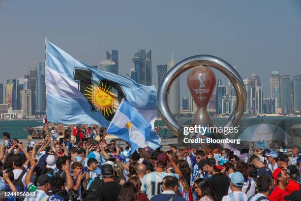 Argentina national soccer team fans congregate on the Doha Corniche in Doha, Qatar, on Monday, Nov. 21, 2022. Seven national football teams,...