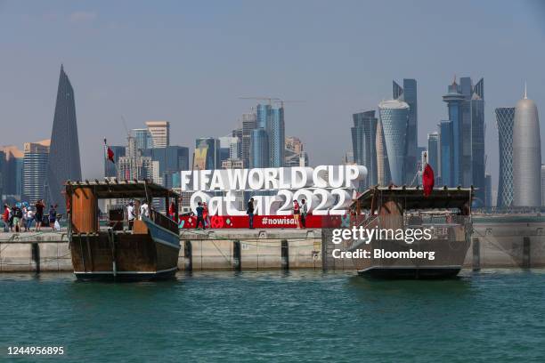 Traditional dhow boats docked along the Doha Corniche in Doha, Qatar, on Monday, Nov. 21, 2022. Seven national football teams, including England,...