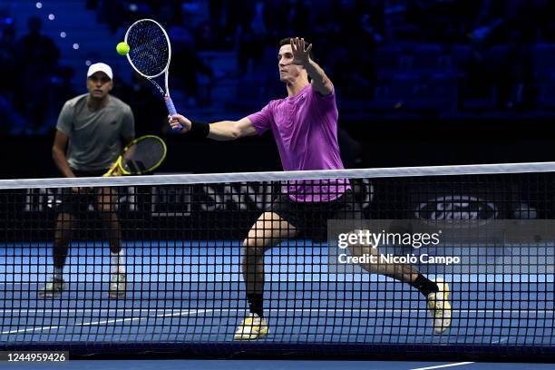 Joe Salisbury of Great Britain and Rajeev Ram of USA are seen in action during the doubles final match against Nikola Mektic of Croatia and Mate...