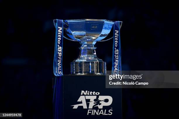 The ATP Finals doubles trophy is seen at the end of the doubles final match during day eight of the Nitto ATP Finals. Rajeev Ram and Joe Salisbury...