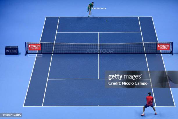 Novak Djokovic of Serbia serves during the final match against Casper Ruud of Norway during day eight of the Nitto ATP Finals. Novak Djokovic won the...