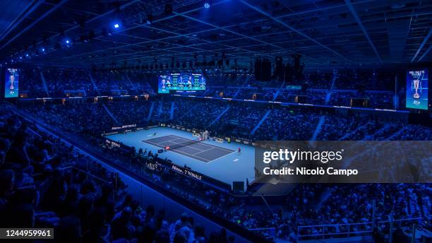 General view of Pala Alpitour is seen during the final match between Casper Ruud of Norway and Novak Djokovic of Serbia during day eight of the Nitto...