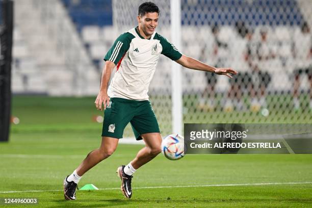 Mexico's forward Raul Jimenez takes part in a training session at Khor SC Training Site in Al Khor on November 21 on the eve of the Qatar 2022 World...