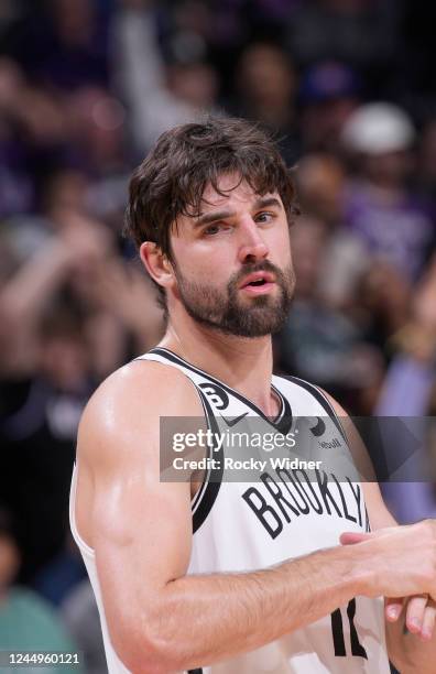 Joe Harris of the Brookyln Nets looks on during the game against the Sacramento Kings on November 15, 2022 at Golden 1 Center in Sacramento,...