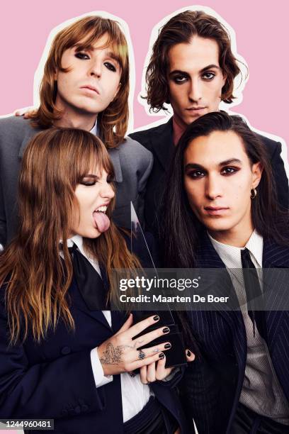 Thomas Raggi, Damiano David, Ethan Torchio and Victoria De Angelis of Måneskin, winners of the Favorite Rock Song award for 'Beggin,' pose for a...