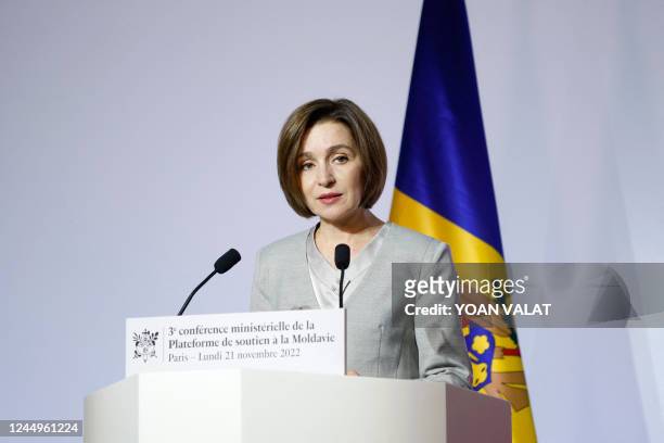 Moldovan President Maia Sandu gives a speech during the third ministerial conference of platform support for Moldavia at the "Centre de Conference...