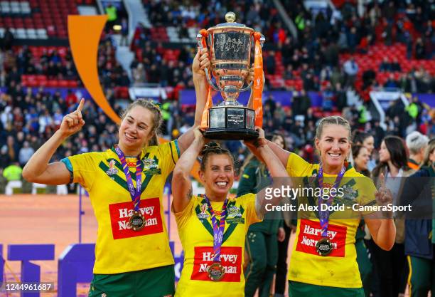 The Australia womens team lift the trophy during Women's Rugby League World Cup Final match between Australia and New Zealand at Old Trafford on...
